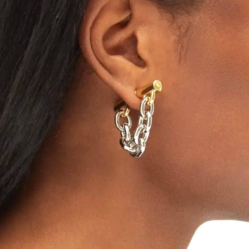 Chunky Chain Link Earrings 2 Two Tone Gold Silver Mixed Metal Rabanne STYLE F01 - Picture 2 of 5